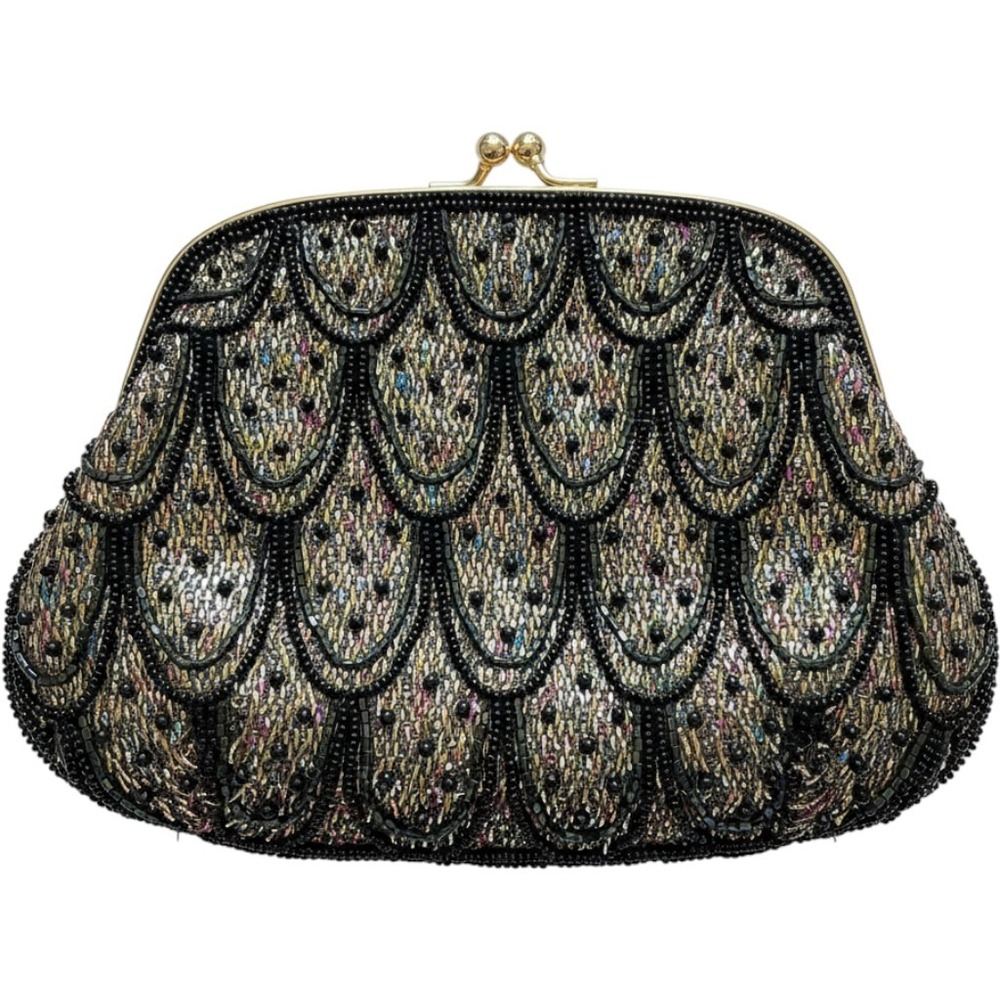 Accessory Lady Beaded Evening Bag Gold Black Peacock Frame Clutch‎ Vintage